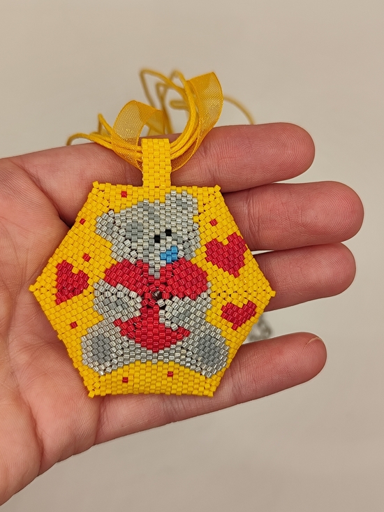 Handmade Jewelry - Handmade Beaded  Bear Pendant in Yellow & Red